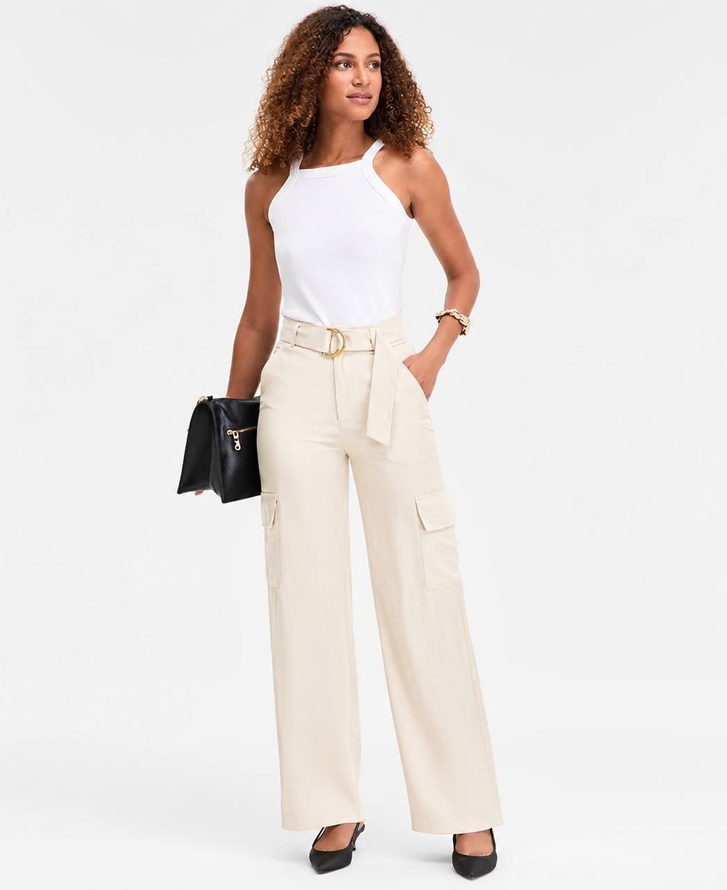 INC Belted High-Rise Cargo Pants Pure Ivory 6 NWT $94.50