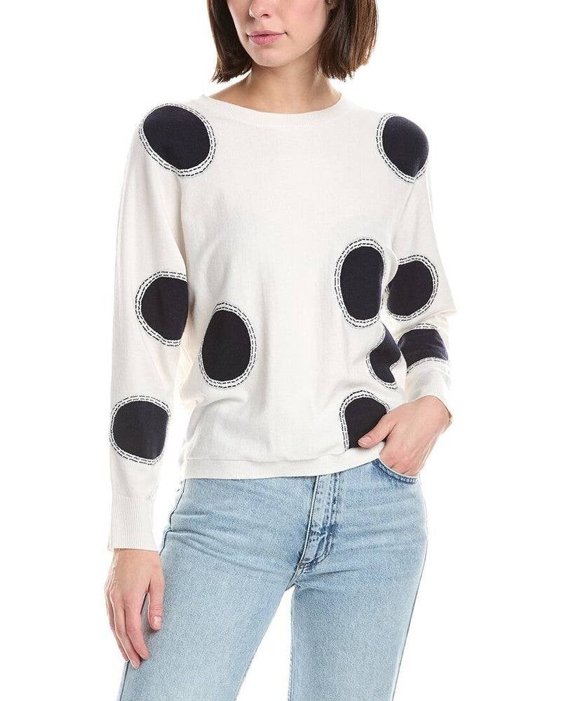 T Tahari Boatneck Whip Stitch Polka Dot Sweater White/Navy M NWT $78