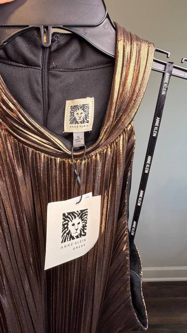 Anne Klein Metallic Mock‑Neck Halter Dress Bronze XL NWT $159