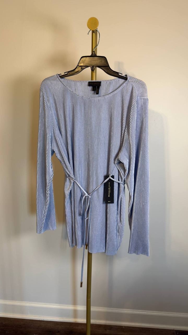 Donna Karan NY Plissé Tie‑Waist Blouse Glacial Blue XL NWT $79