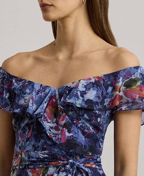 Lauren Ralph Lauren Off‑Shoulder Print Cocktail Dress 12 Blue Multi NWT $225