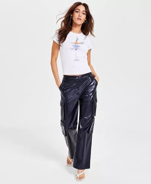Guess Kori High‑Rise Faux‑Leather Cargo Pants Daring Ocean XL NWT $148