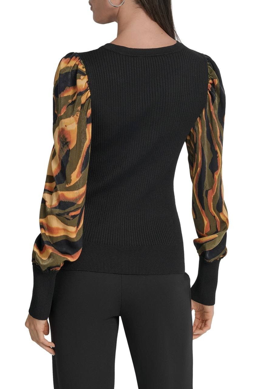 DKNY Rib Puff Shoulder Sweater Black Urban Tiger XS NWT $89