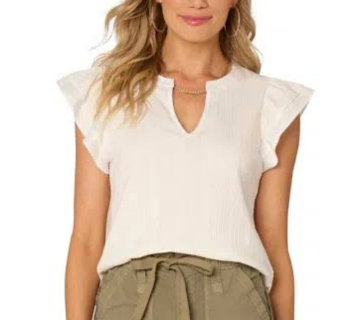 Democracy Petite Flutter‑Sleeve Split‑Neck Top – Size PS – White – $58 – Flawed