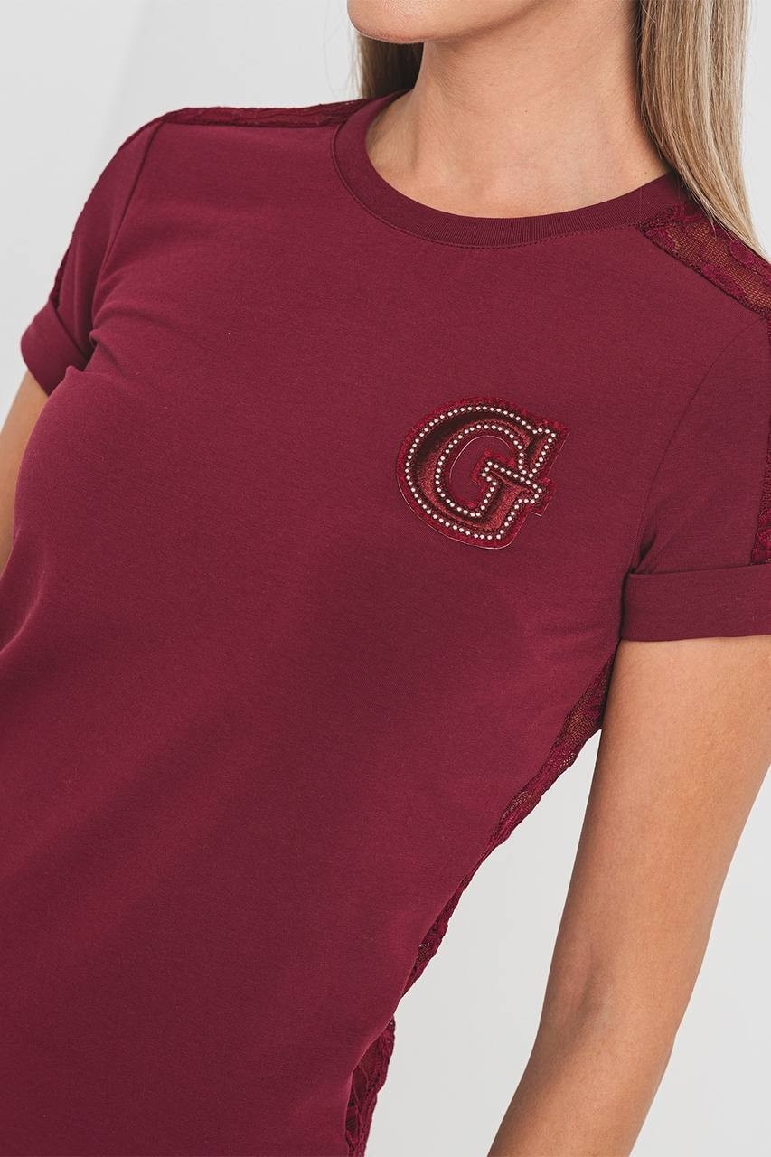 Guess Women’s Lace Sleeve Rhinestone Logo Tee Burgundy XS $50 NWT