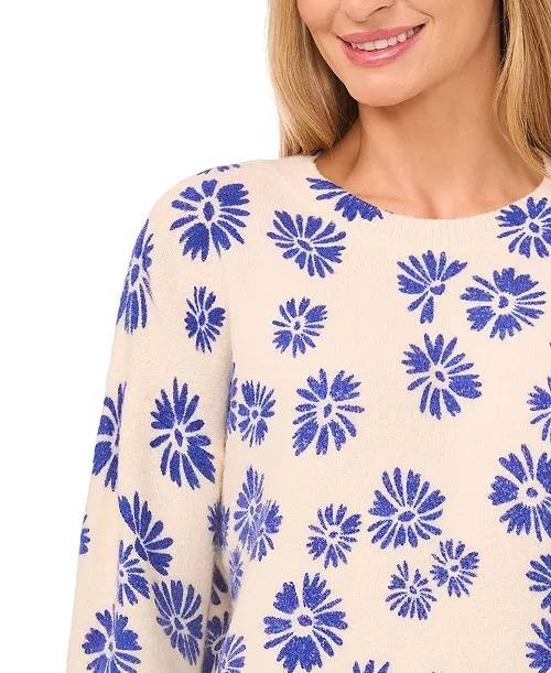 CeCe Flower Print Long‑Sleeve Crewneck Sweater Birch XL NWT $79