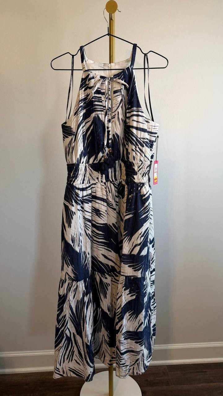 Vince Camuto Women’s Leaf Print Cotton Halter Neck Midi Dress Blue 12 $188 NWT