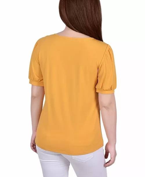 NY Collection Women’s Puff Sleeve Mesh Inset Top Golden Glow PM $42 NWT