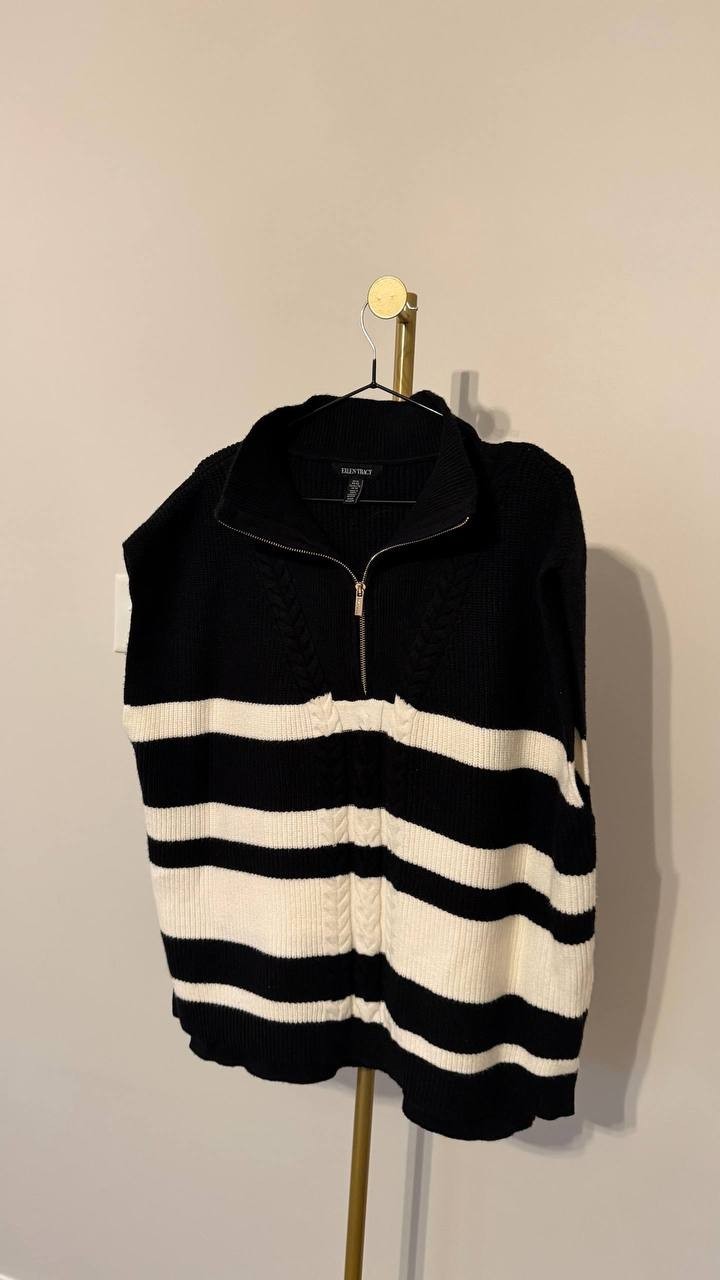 Ellen Tracy XL Sleeveless Half Zip Sweater Vest Black White Stripes NWOT