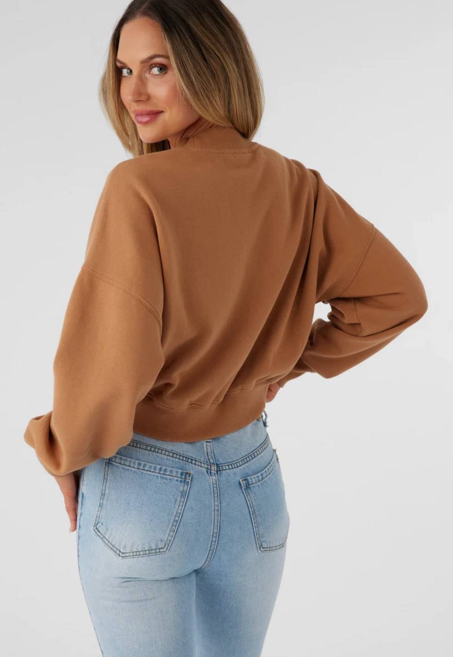 O'Neill Cropped Oversized Sweatshirt Tan Fleece Pullover Women S-L NWT