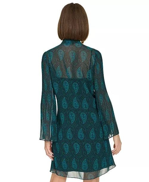 Tommy Hilfiger Dress 2 Green Ruffled Keyhole Neck Chiffon Shift Long Sleeve NWT