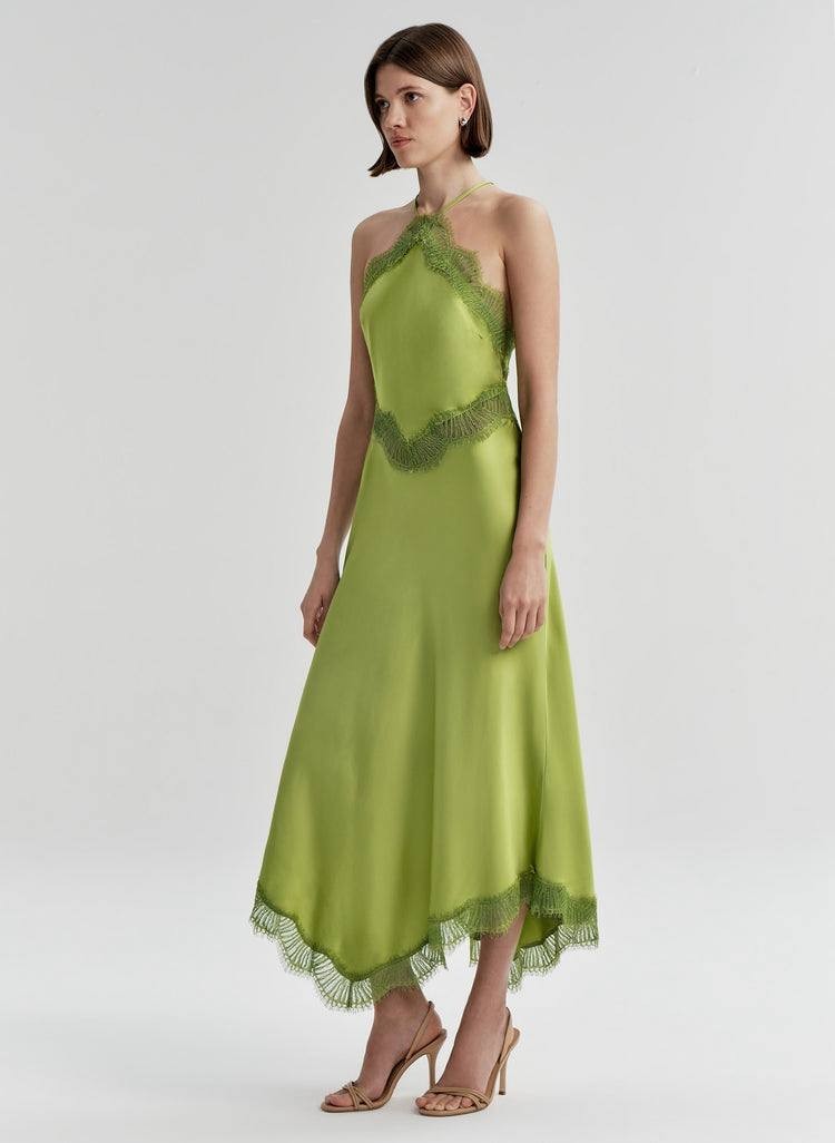 A.L.C. Lucia Satin & Lace Halter Midi Dress Peridot 8 NWT $695