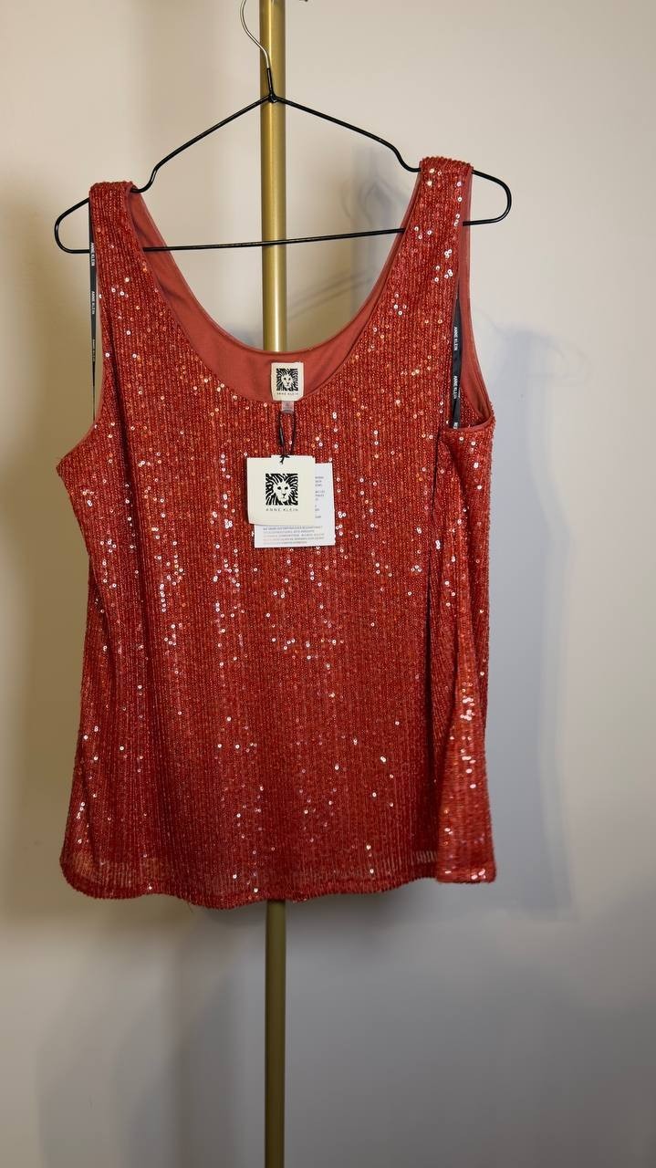 Anne Klein Double Scoop Neck Sequin Tank Red M NWT $69