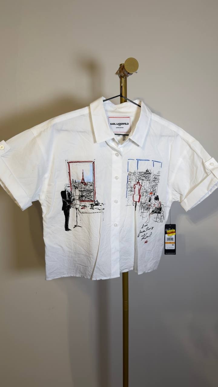 Karl Lagerfeld Paris Cropped City Scene Collared Top White S NWT $109