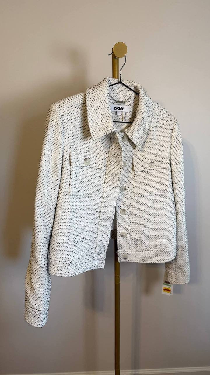 DKNY Petite Cropped Tweed Trucker Jacket Long Sleeve White Black 8P $159 NWT