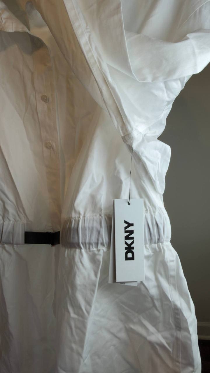 DKNY Cotton Belted Button‑Front Shirt White L NWT $119