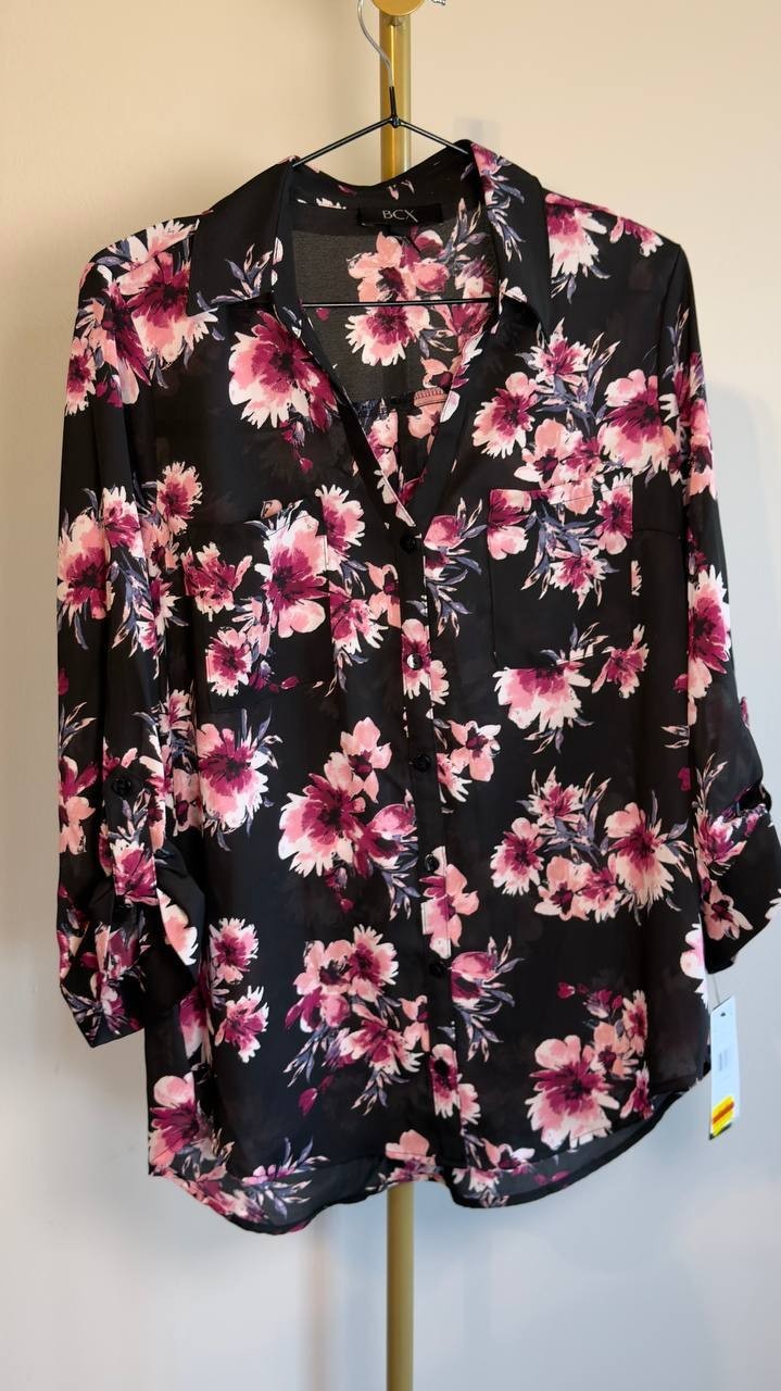 BCX Juniors’ Floral-Print Roll-Sleeve Button-Up Blouse Pat A L NWT $44