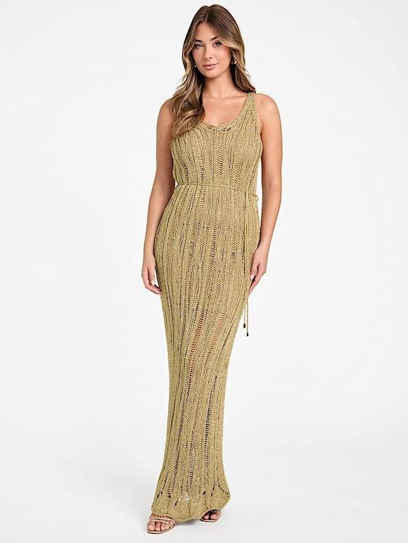 Marciano Lucky Lurex Net Maxi Dress – 10 – Gold – NWT – Flawed – $280