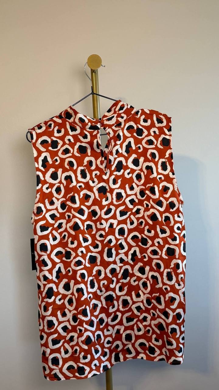 Tahari ASL Printed Sleeveless Tie‑Neck Blouse Orange Multi XL NWT $69