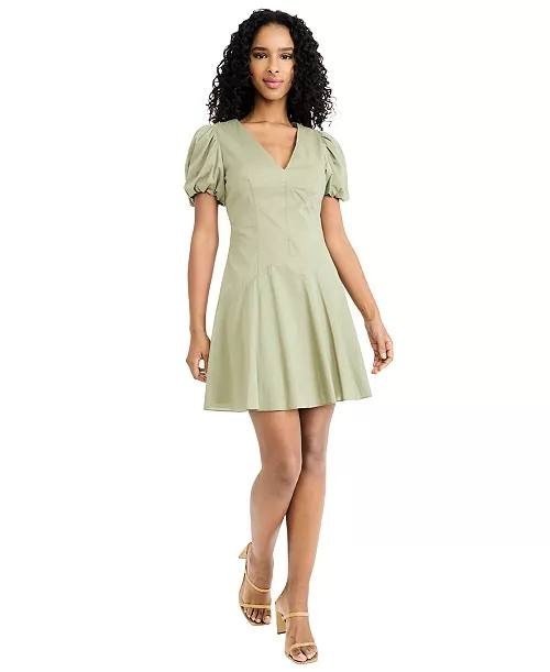 Donna Morgan Puff‑Sleeve V‑Neck Mini Dress Oil Green 16 NWOT $138