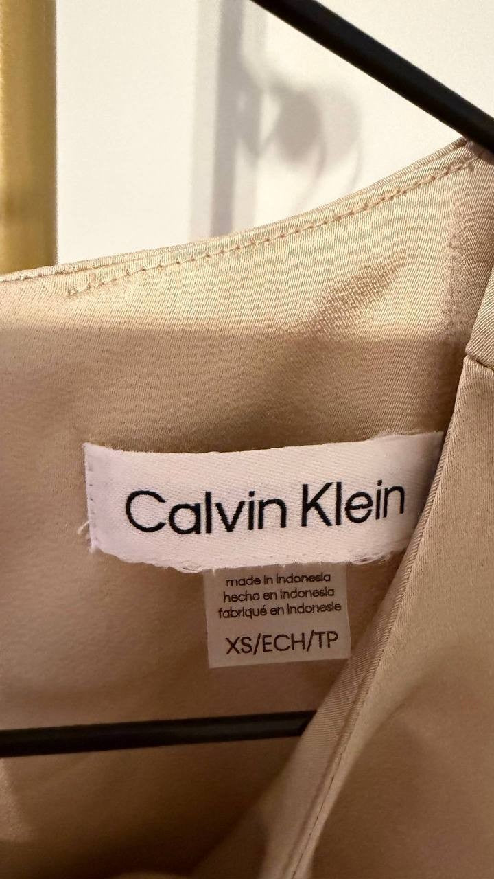 Calvin Klein Satin Pleat‑Neck Cap‑Sleeve Blouse Beige XS Good Condition msrp$59