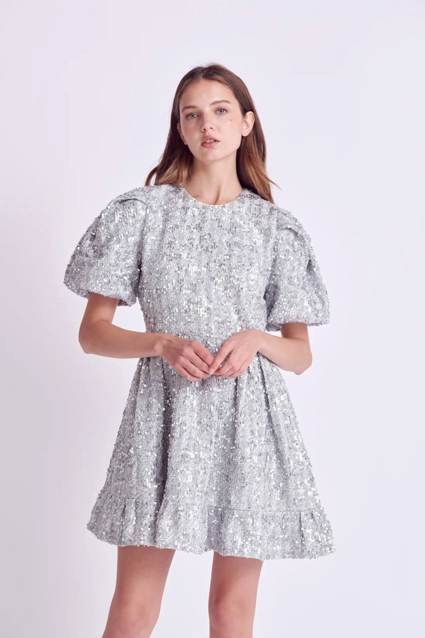 Sequin Tweed Tiered Mini Dress Silver Size M New No Tags – Party Chic