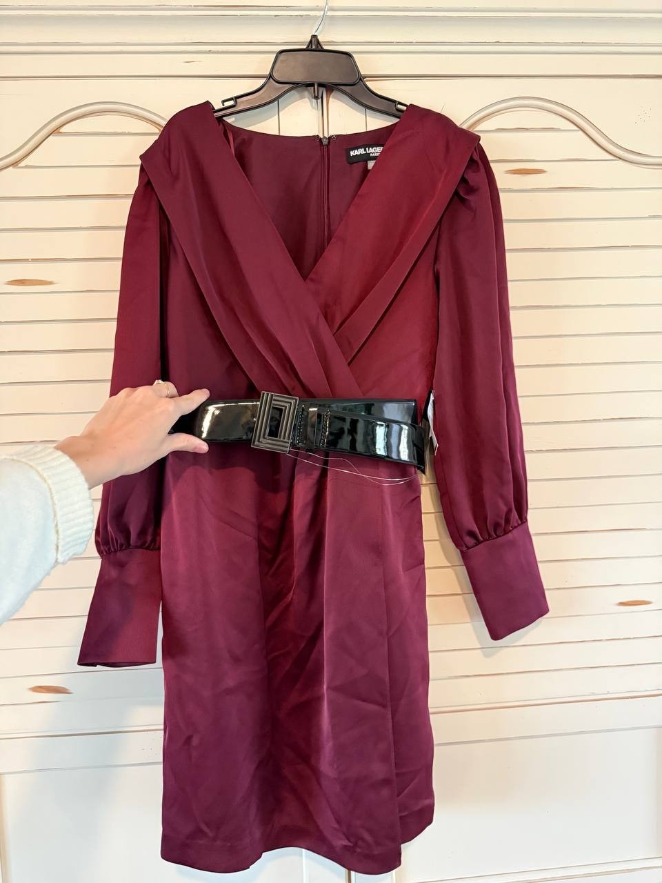 Karl Lagerfeld Paris Belted Satin Crepe Dress Burgundy Size 2 NWT $158