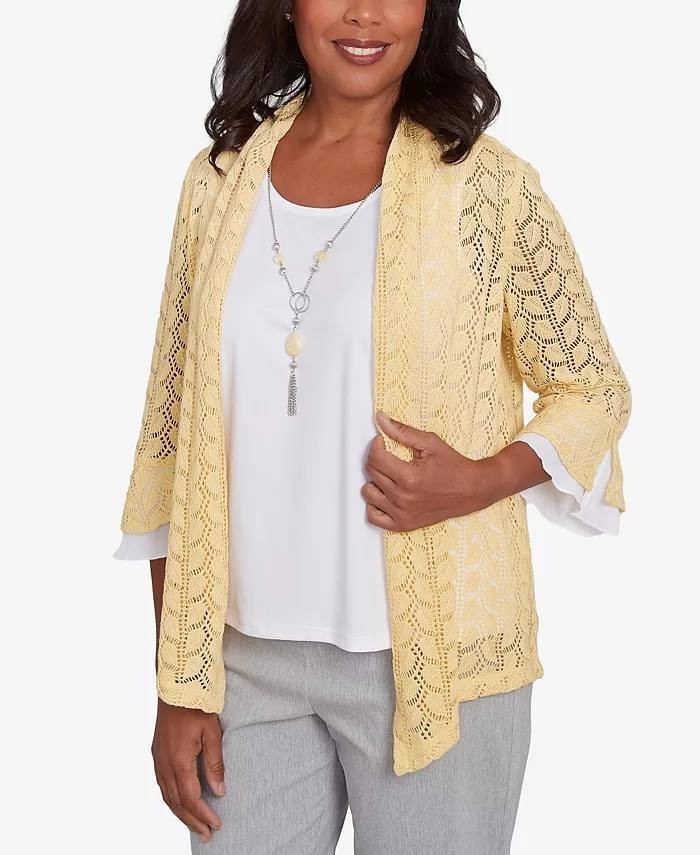 Alfred Dunner Women’s 2‑in‑1 Pointelle Knit Top Yellow White 2X $79.50 NWT
