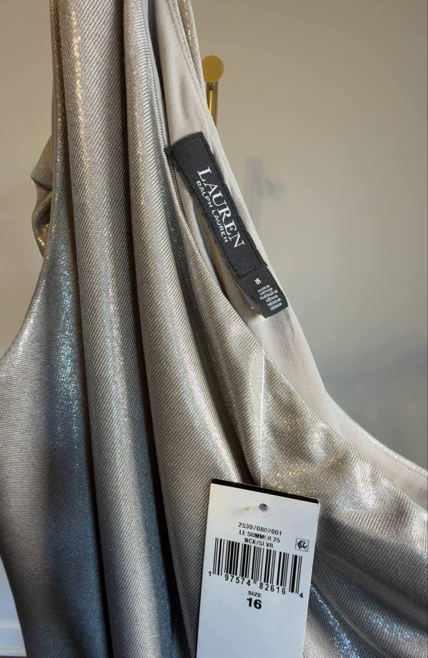 Lauren Ralph Lauren Metallic One‑Shoulder Cocktail Dress Silver 16 NWT $225