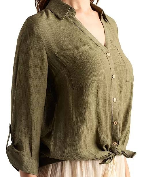 BCX Texture Gauze Collared Button‑Front Top Olive L NWT $39