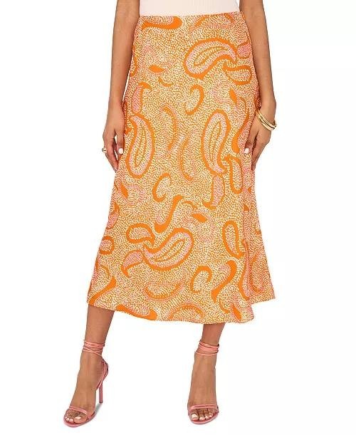1.STATE Paisley Midi Skirt Size 14 Orange Pull-On A-Line Lined NWT