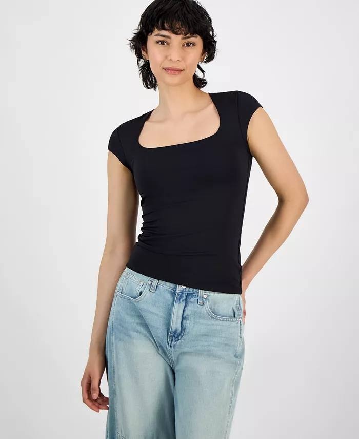 And Now This Petite Square-Neck Cap-Sleeve Top Black PXS Pre-Owned $19.99