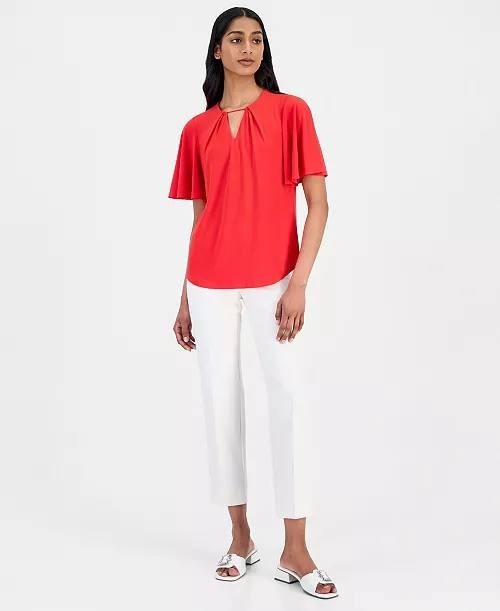 Anne Klein Pleat‑Neck Flutter‑Sleeve Blouse Red Begonia XXL NWT $69