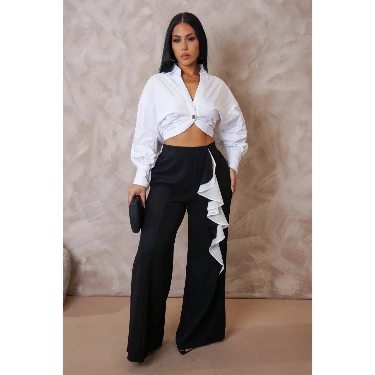 BEULAHSTYLE Black Wide-Leg Pants w/ White Ruffle Size M NWT $218