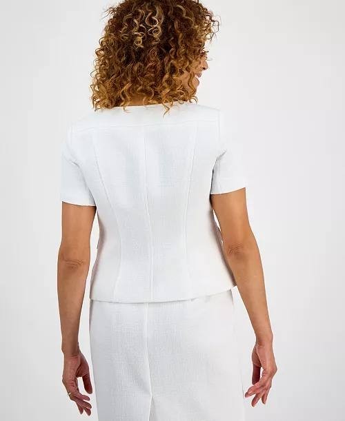 Le Suit Skirt Set 4P Natural White Tweed Square Neck Button Jacket Slim NWT $265