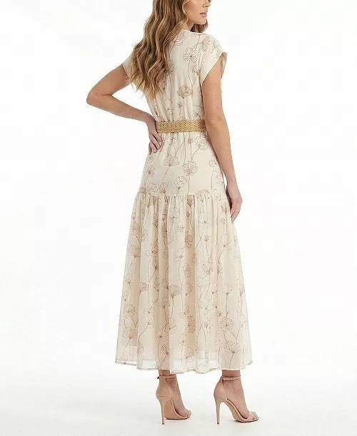 Taylor Embroidered V‑Neck Belted Dress Vanilla Walnut 14 NWT $149