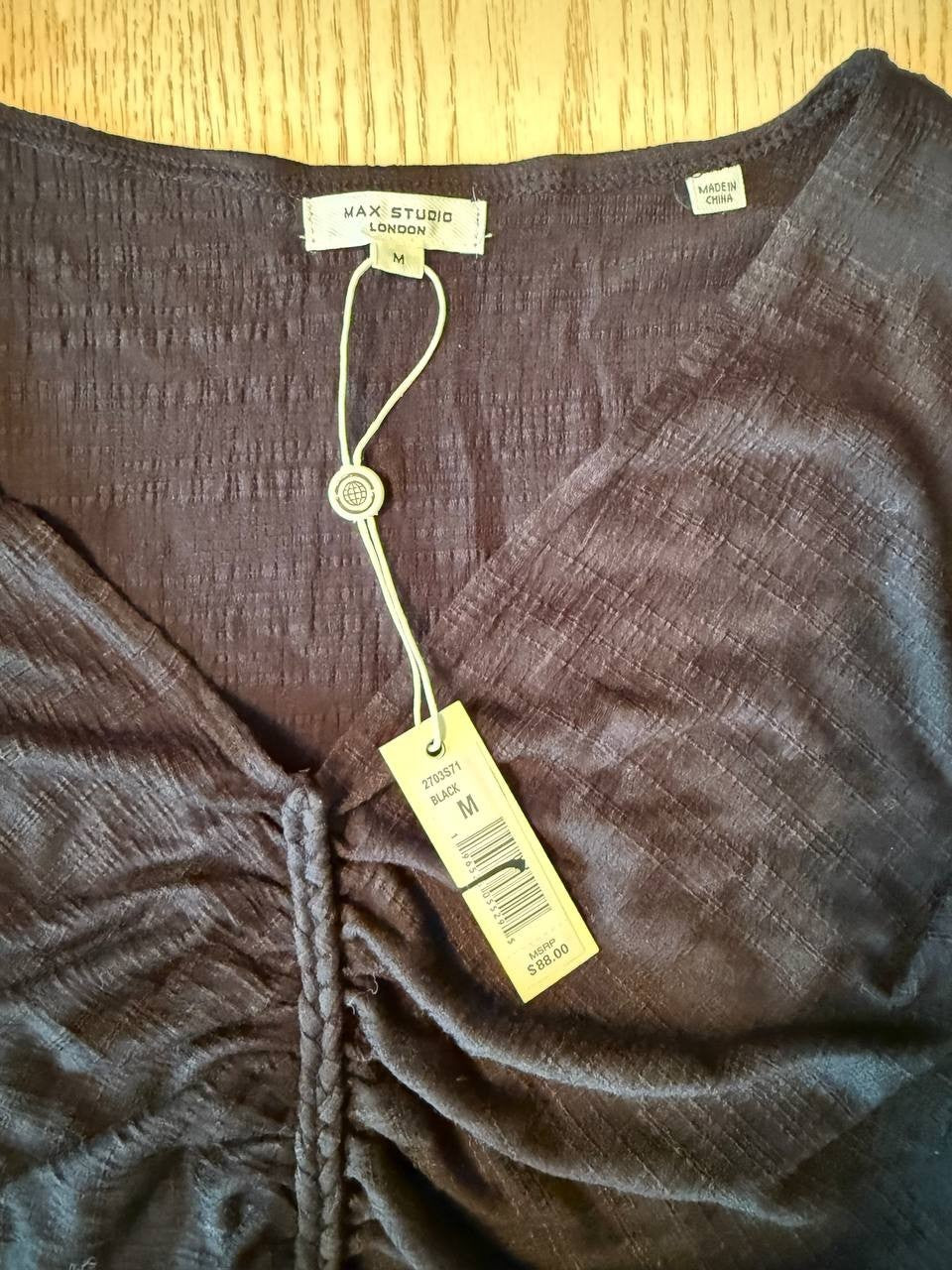 Max Studio Black Ruched Blouse - Long Sleeve Round Neck, Women's XL, NWT