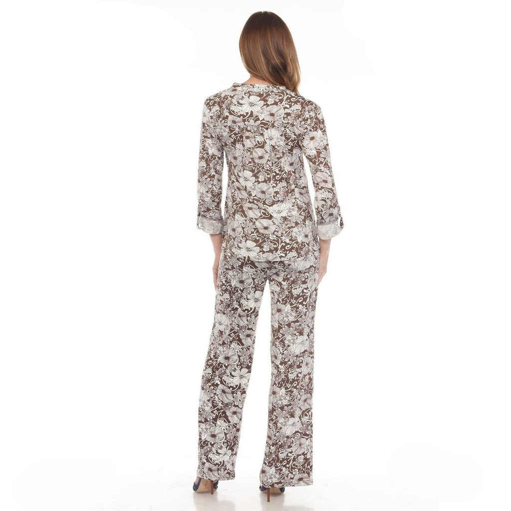 White Mark Women’s 2‑Piece Floral Print Tunic and Pant Set Brown 1XL NWT $100