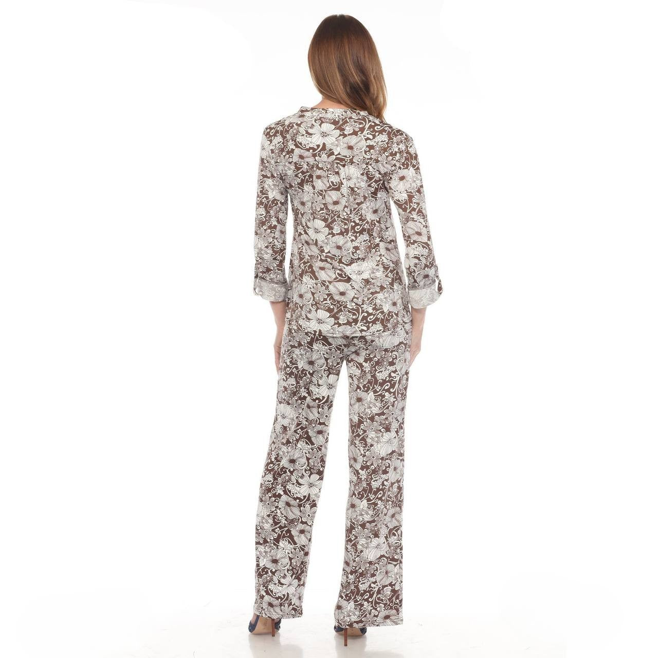 White Mark Women’s 2‑Piece Floral Print Tunic and Pant Set Brown 1XL NWT $100