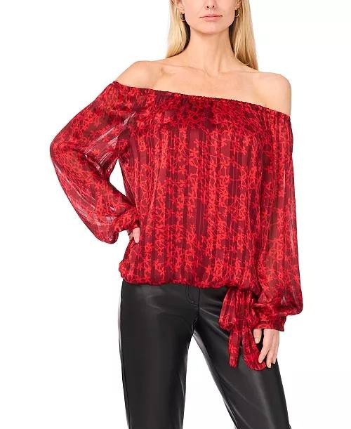 Vince Camuto Women’s Off‑Shoulder Long‑Sleeve Tie‑Hem Top Red Print $79 NWT