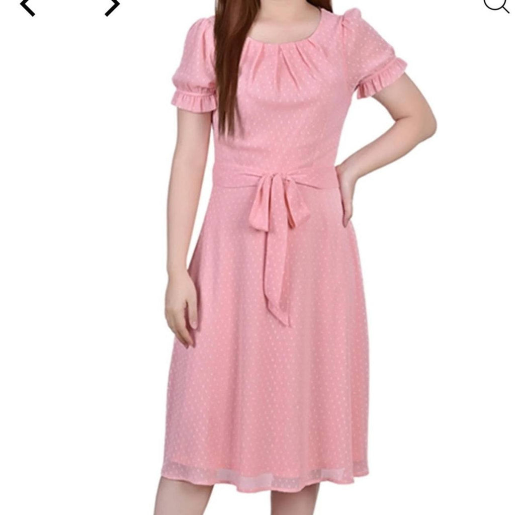 NY Collection Petite Smocked Waist Dress PS NWT Light Pink Short Sleeve A-Line