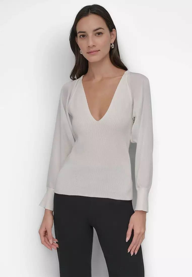 DKNY Long Sleeve Mix Media V‑Neck Top, Size L, White, NWT $79
