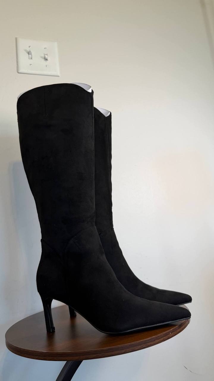 GUESS Palisa Wide Calf Tall Kitten Heel Boots Black 7M Suede $179 NWB