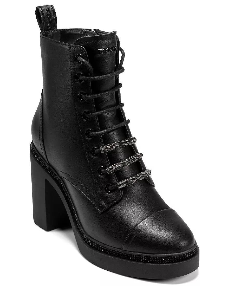 DKNY Platform Heel Boots 8.5 Black Textile Zippered Modern New In Box msrp$159