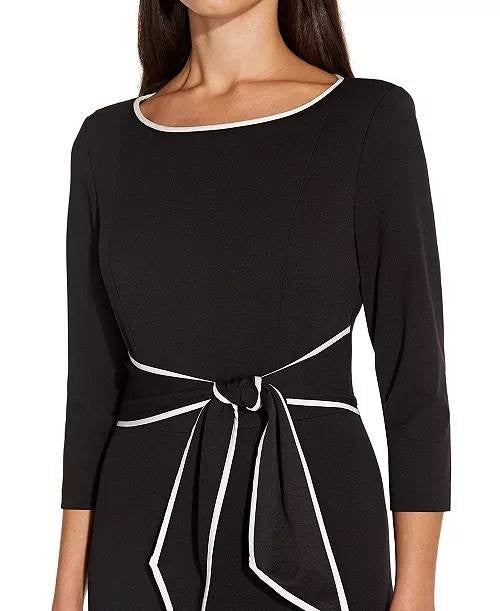 Adrianna Papell Tipped Tie‑Front Dress Black/Ivory 6 $139 NWT