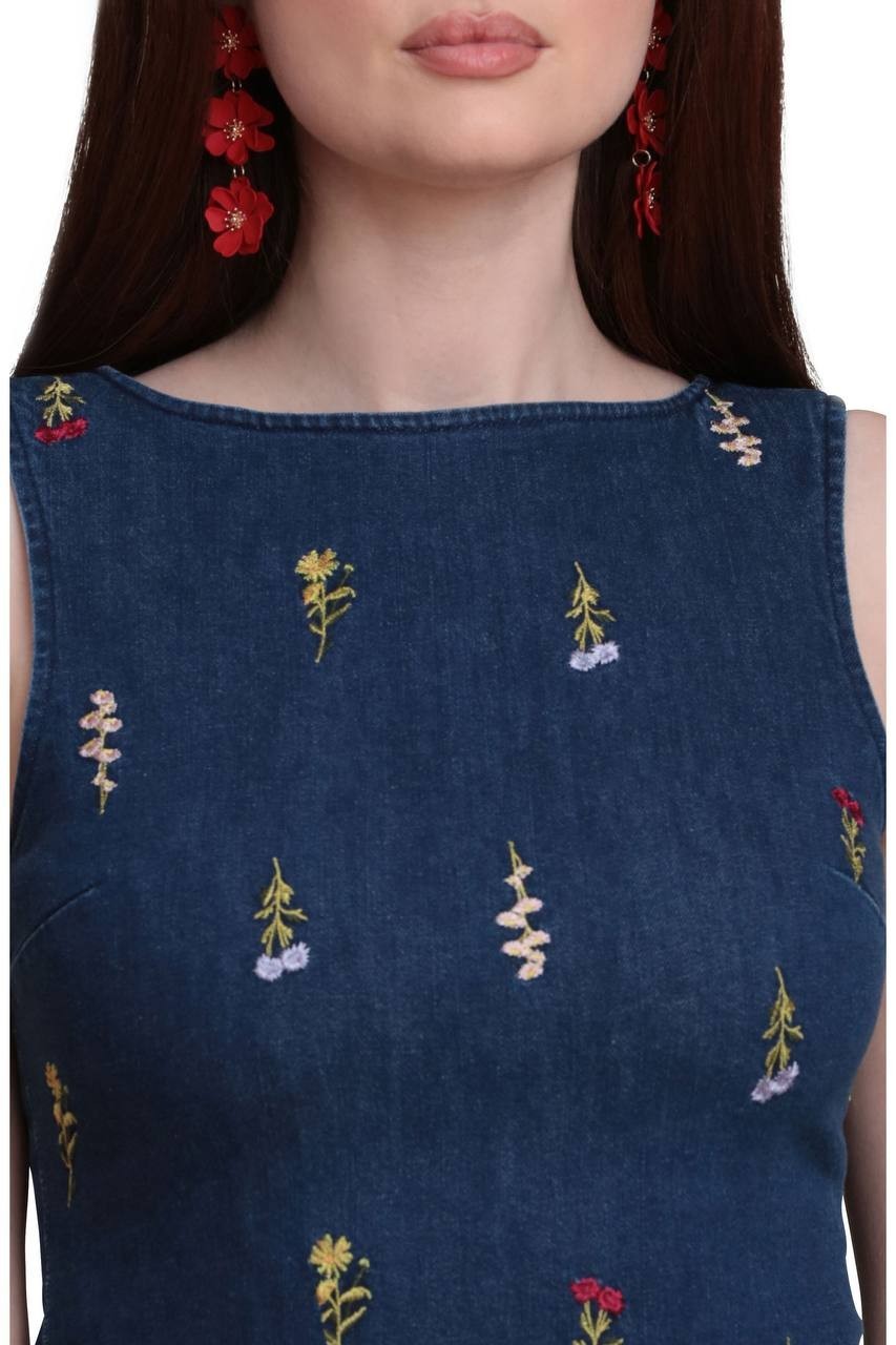 Avec Les Filles Embroidered Bubble Hem Denim Dress Monarch Botanical 8 NWT $138