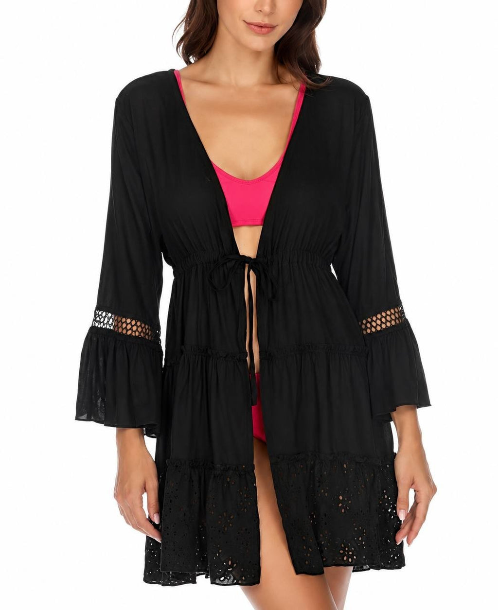 Raviya Lace-Inset Tie-Front Tiered Swim Cover-Up Black 2X NWOT $48