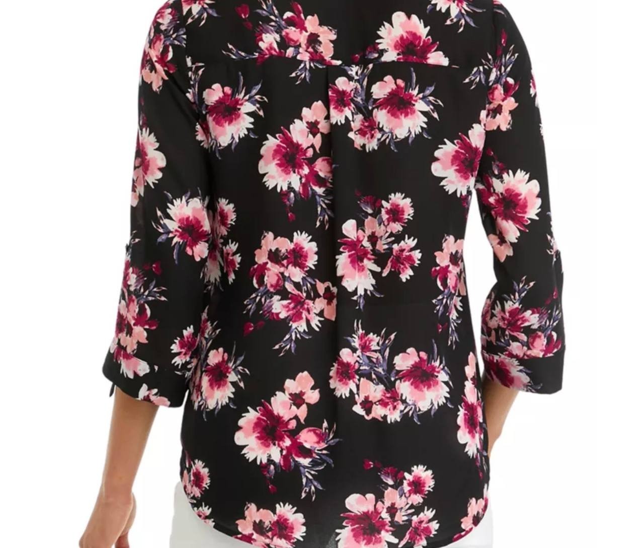 BCX Juniors’ Floral-Print Roll-Sleeve Button-Up Blouse Pat A L NWT $44