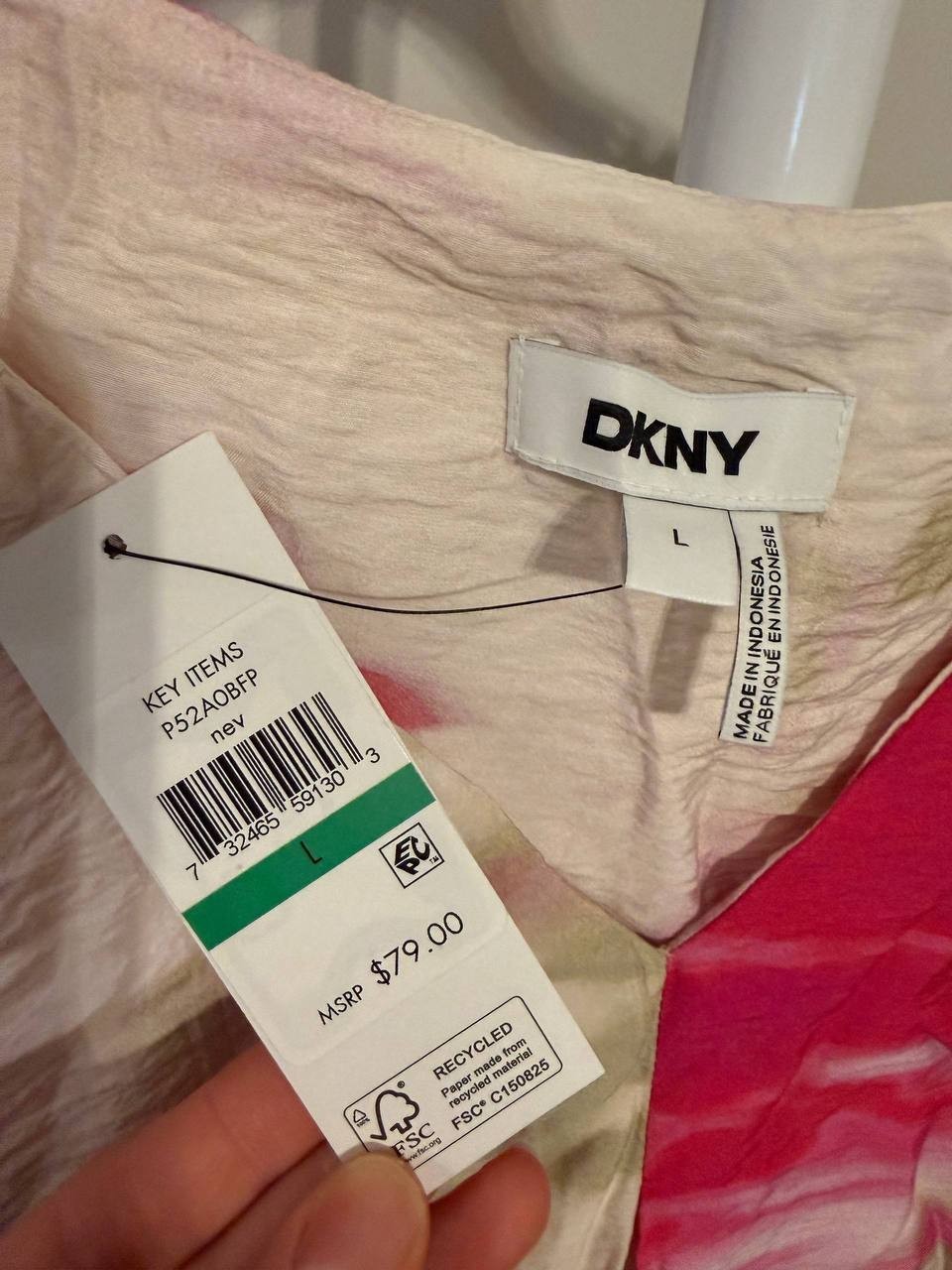 DKNY Floral‑Print V‑Neck Cap‑Sleeve Top – Abstract Print – Size L – NWT – $79