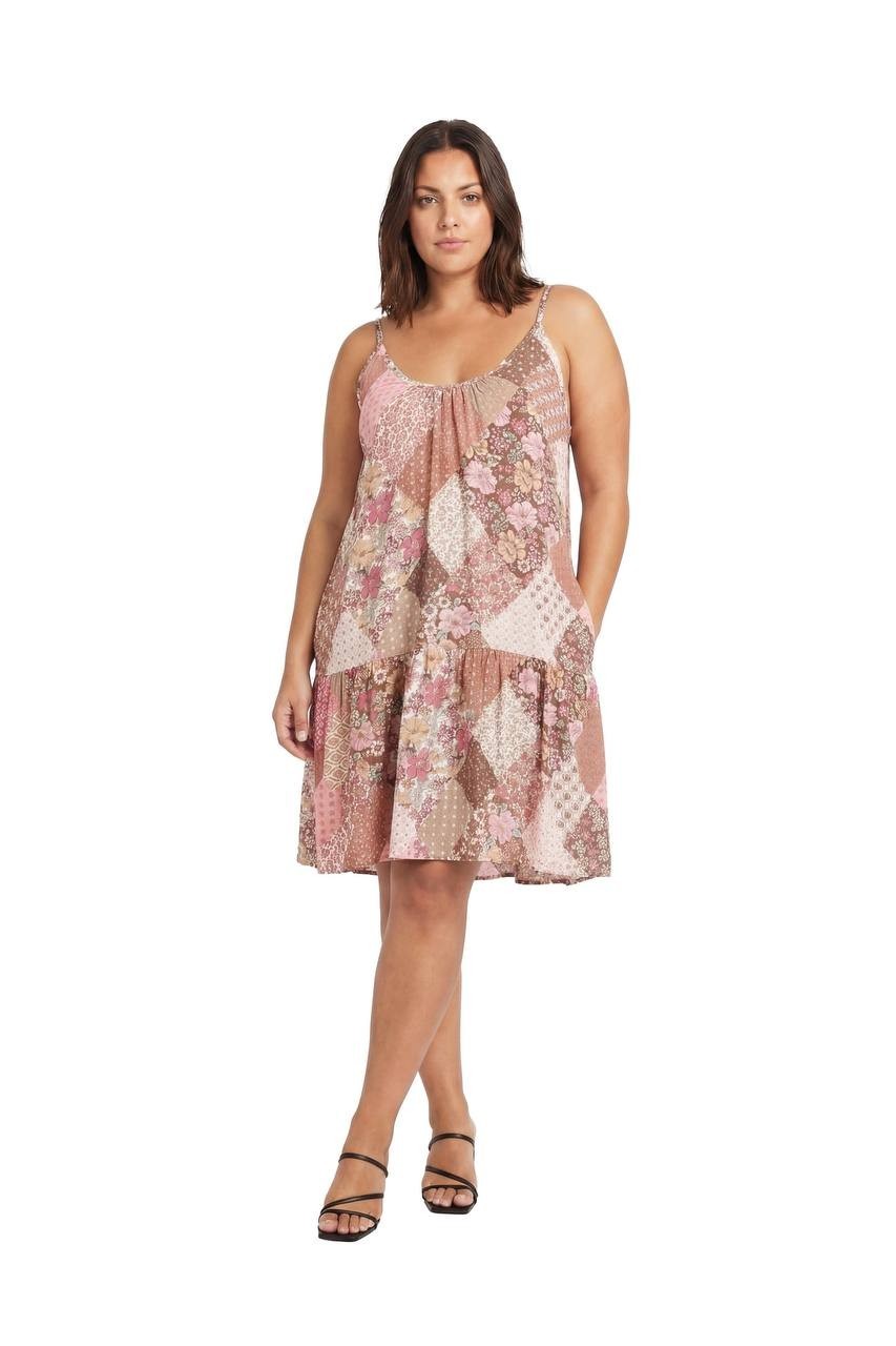 24Seven Comfort Apparel Patchwork Spaghetti Strap Dress Pink Multi 2X NWT $60